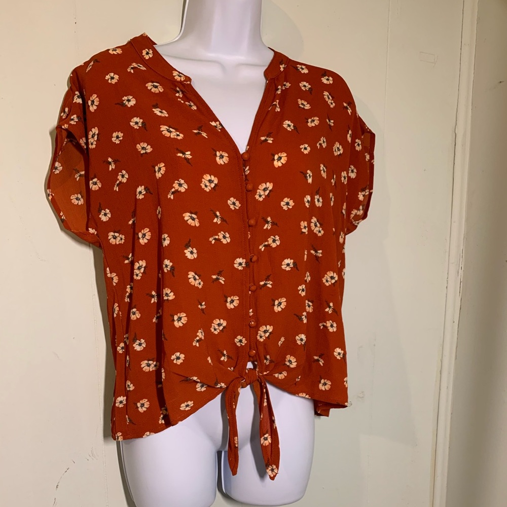 Pink Rose Floral Tie/Button up Women's Blouse Size M